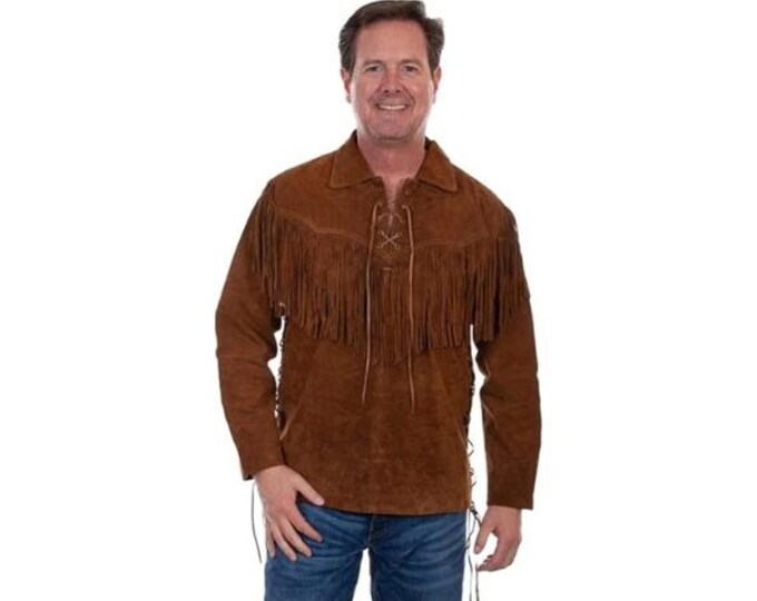 Men's Western Suede Leather Shirt Jacket | Native American Fringes Shirts Jacket | Vintage Lace-Up Pullover Shirts for Men with Tassels