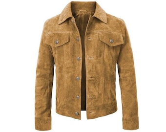 Vintage Trucker Leather Suede Jacket Men - Handmade Biker Shirts, Café Racer Jacket Western Cowboy Jacket, Motorcycle Collar Denim Shirts