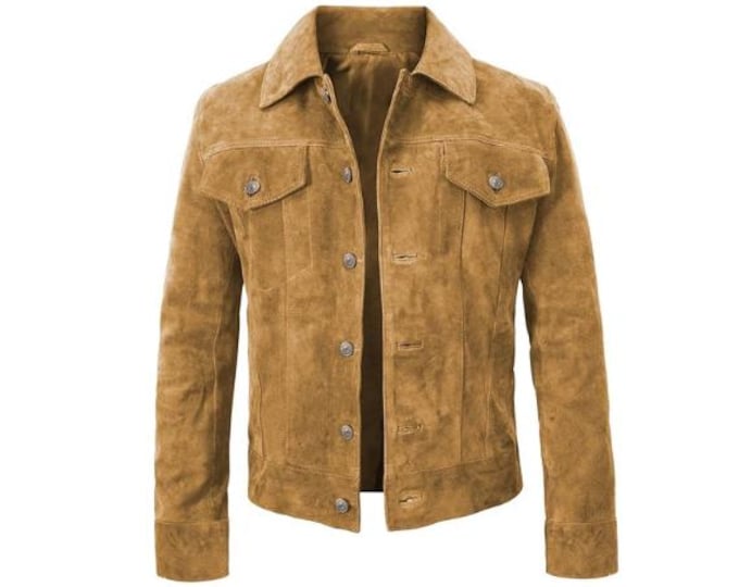 Vintage Trucker Leather Suede Jacket Men - Handmade Biker Shirts, Café Racer Jacket Western Cowboy Jacket, Motorcycle Collar Denim Shirts