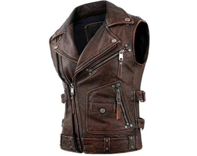 Mens Leather Vest Brown - Classic Native American Rider Biker Vest | Hunt Club Vintage motorcycle vest Western Cowboy Pockets Vest Waistcoat