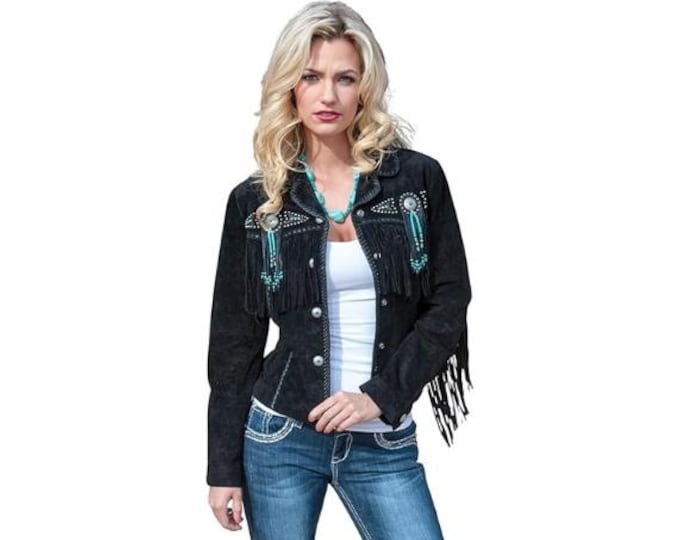 Traditional Western Cowlady 100% Genuine Black Suede Leather Jacket Women Native American Ladies Tassels Beaded & Fringe Cowgirl Jacket