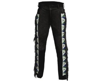 Authentic Men Western Leather Suede Pant Trouser | Vintage Native American Legside Cowboy Fringe Pant | Handmade Indian Buckskin Beaded Pant