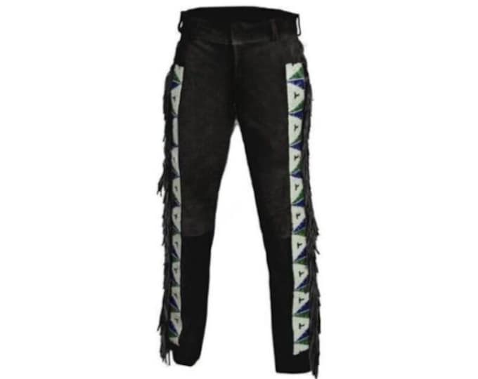 Authentic Men Western Leather Suede Pant Trouser | Vintage Native American Legside Cowboy Fringe Pant | Handmade Indian Buckskin Beaded Pant