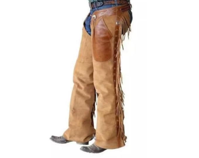 Brown Men Western Suede Leather Chaps Pant - Handmade Native American Legside Cowboy Fringe Chap, Buckskin Beaded Horse Mountain Rider Chaps