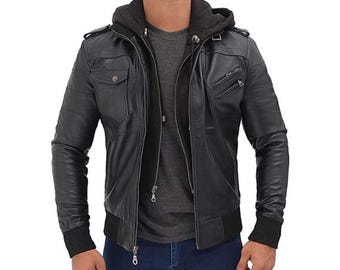 Vintage Black 100% Genuine Sheepskin Leather Jacket Men - Hooded Retro Cafe Racer Biker Jacket, Native American Motorcycle Jacket - Zipper