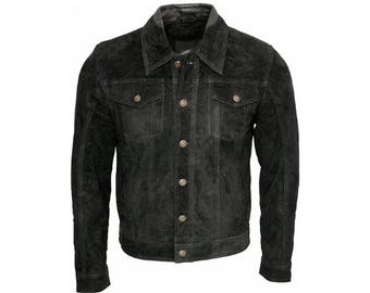 Vintage Trucker Leather Suede Jacket Men - Denim Handmade Biker Shirts, Café Racer Jacket Western Cowboy Jacket, Motorcycle Collar Shirts
