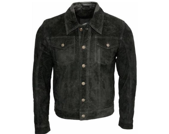 Vintage Trucker Leather Suede Jacket Men - Denim Handmade Biker Shirts, Café Racer Jacket Western Cowboy Jacket, Motorcycle Collar Shirts