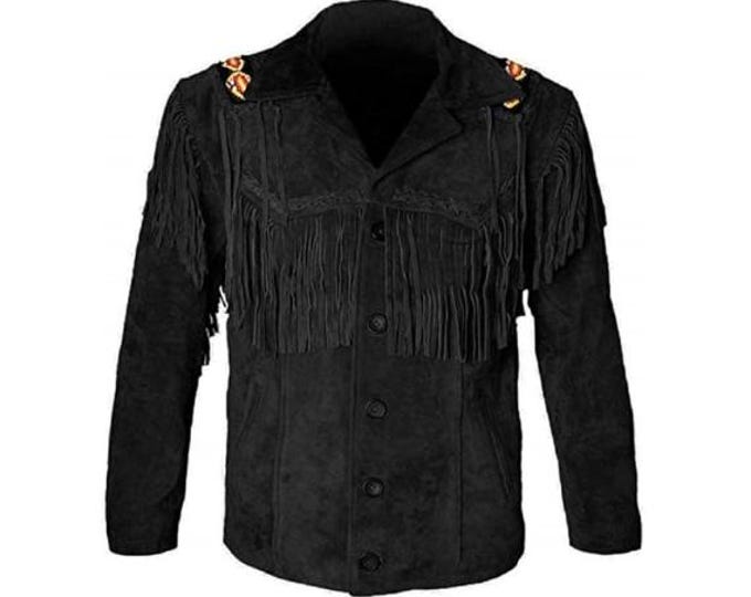Men Western Black Suede Leather Jacket | Classic Buckskin Traditional Native American Cowboy Fringe Jacket Coat with Beaded & Tassels
