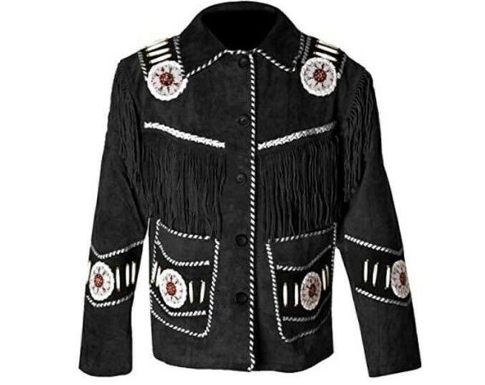 Traditional Black Western Leather Suede Jacket Men | Classic Native American Buckskin Cowboy Fringe Jacket Coat with Beaded & Tassels