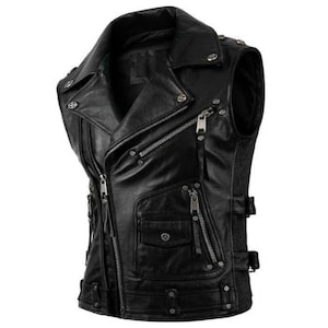 May include: Black leather vest with zipper closures and multiple pockets. The vest has a stand-up collar and a zippered front.