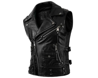 Mens Leather Vest Black - Classic Native American Rider Biker Vest | Hunt Club Vintage motorcycle vest Western Cowboy Pockets Vest Waistcoat
