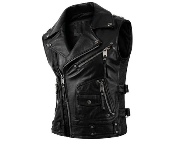 Mens Leather Vest Black - Classic Native American Rider Biker Vest | Hunt Club Vintage motorcycle vest Western Cowboy Pockets Vest Waistcoat