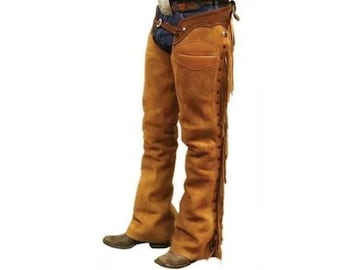 Men Brown Western Leather Suede Chaps Pant - Handmade Native American Legside Cowboy Fringe Chap, Buckskin Beaded Horse Mountain Rider Chaps