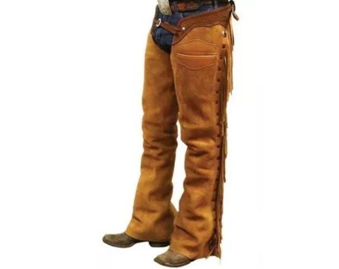 Men Brown Western Leather Suede Chaps Pant - Handmade Native American Legside Cowboy Fringe Chap, Buckskin Beaded Horse Mountain Rider Chaps
