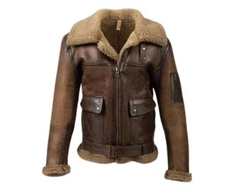Men's Handmade Shearling  Sheepskin Leather B3 Bomber Jacket: Vintage Aviator Coat