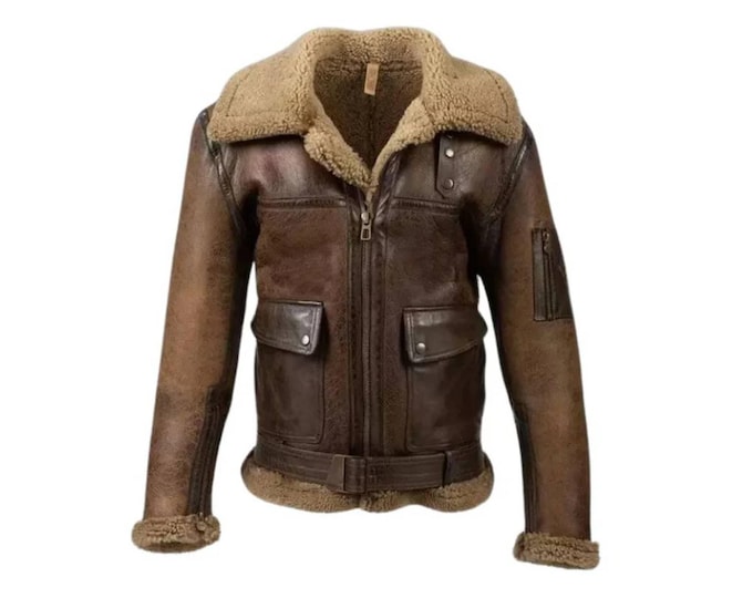 Men's Handmade Shearling  Sheepskin Leather B3 Bomber Jacket: Vintage Aviator Coat