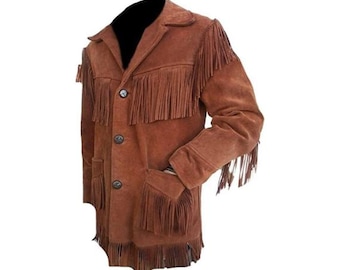 Brown Western Suede Leather Jacket Men | Classic Traditional Native American Buckskin Cowboy Fringe jacket Jacket with Beaded & Tassels