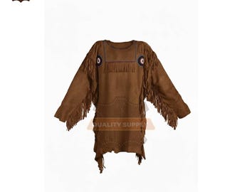 Handmade War Shirt Men Suede Leather Hide Rendezvous Powwow Regalia Top