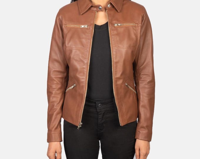 Brown Women Genuine Trucker Leather Jacket - Handmade Vintage Cafe Racer Biker Jacket, Native American Bomber Motorcycle Jacket - Zipper