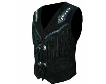Traditional Black Men Western Suede Leather Vest - Classic Native American Fringe Vest, Vintage Leather Beaded Tassels Cowboy Vest Waistcoat