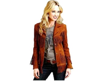 Traditional Western Cowlady 100% Genuine Brown Suede Leather Jacket Women | Native American Lady Tassels Fringe Cowgirl Jacket