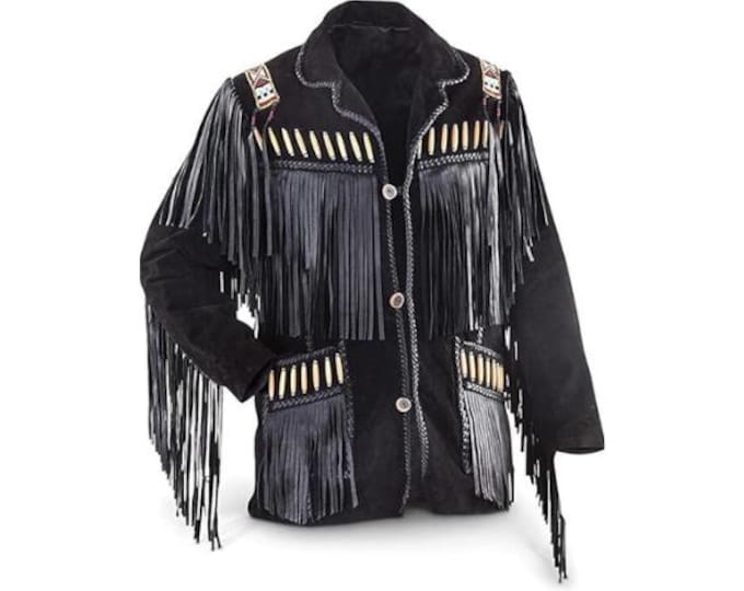 Western Black Suede Leather Jacket Men | Classic Buckskin Traditional Native American Cowboy Fringe Jacket Coat with Beaded & Tassels