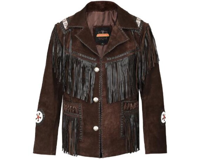 Dark Brown Western Suede Leather Jacket Men | Traditional Vintage Buckskin Native American Cowboy Fringe Jacket Coat with Beads & Tassels
