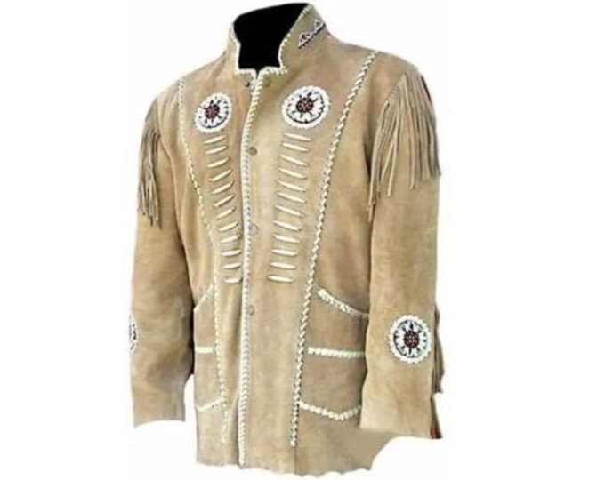 Western Brown Suede Leather Jacket Men | Classic Buckskin Traditional Native American Cowboy Fringe Jacket Coat with Beaded & Tassels