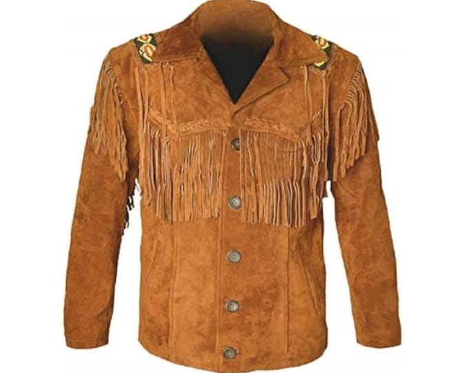 Men Western Leather Suede Jacket | Classic Buckskin Traditional Native American Cowboy Fringe Jacket Coat with Beaded & Tassels