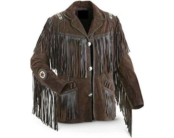 Traditional Western Suede Leather Jacket Men | Classic Native American Buckskin Cowboy Fringe jacket Jacket with Beaded & Tassels