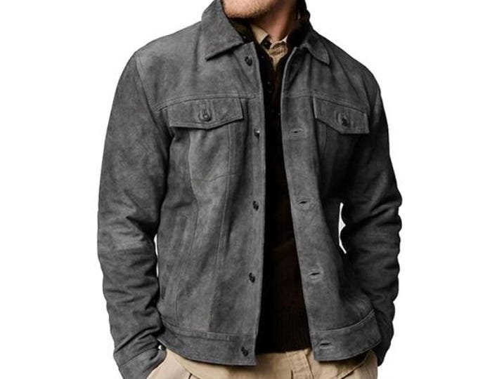 Vintage Real Gray Suede Trucker Leather Jacket Men - Denim Handmade Motorcycle Biker Shirts, Café Racer Jacket Retro Western Cowboy Jacket
