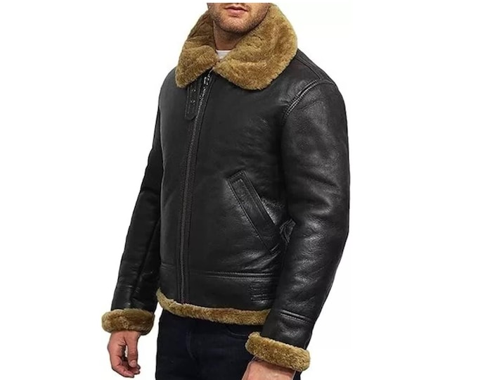 Men's  Shearling Leather Aviator Bomber Jacket, Winter Warm Coat, Soft Faux Fur Lining