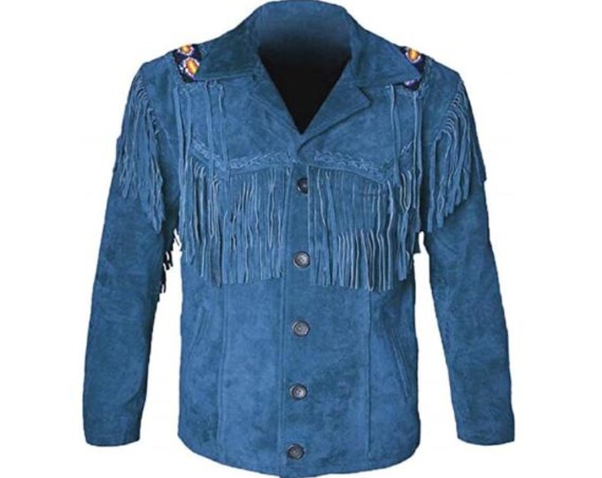Western Genuine Leather Suede Jacket Men | Classic Buckskin Traditional Native American Cowboy Fringe Jacket Coat with Beaded & Tassels