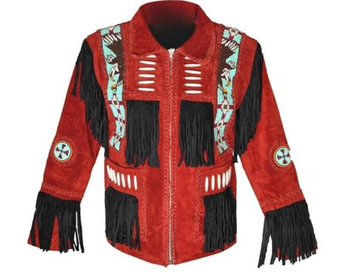 Men Red Western Leather Suede Jacket | Classic Buckskin Traditional Native American Fringe Cowboy Jacket Coat with Zipper Beaded & Tassels