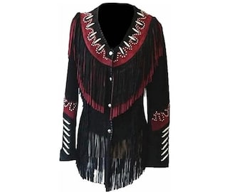 Western Style Leather Jacket for Women with Fringe Handcrafted Black Suede Leather Jacket with Native American Flair valentines gift for her