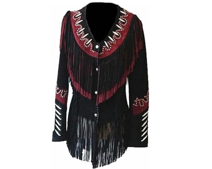 Western Style Leather Jacket for Women with Fringe Handcrafted Black Suede Leather Jacket with Native American Flair valentines gift for her