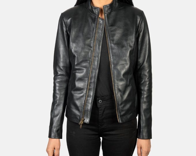 Black Women Genuine Trucker Leather Jacket - Handmade Vintage Cafe Racer Biker Jacket, Native American Bomber Motorcycle Jacket - Zipper
