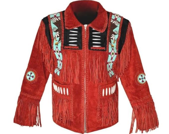 Men Red Western Suede Leather Jacket | Classic Buckskin Traditional Native American Cowboy Fringe Jacket Coat with Zipper Beaded & Tassels