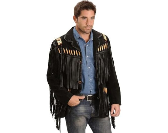 Western Black Suede Leather Jacket Men | Buckskin Traditional Native American Cowboy Fringe Jacket Coat with Beaded & Tassels
