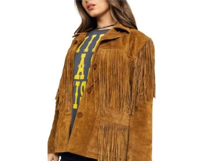 Traditional Western Cowlady 100% Genuine Brown Suede Leather Jacket Women Native American Ladies Tassels Fringe Cowgirl Jacket