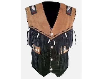 Traditional Black Men Western Suede Leather Vest - Classic Native American Fringe Vest, Vintage Leather Beaded Tassels Cowboy Vest Waistcoat