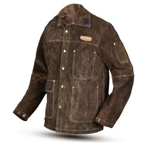May include: Brown leather welding jacket with a button-up front, two chest pockets, and a patch on the left chest that reads "QUALITY SUPPLY".