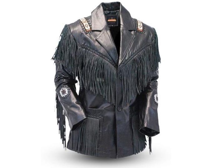 Black Western Cowhide Leather Jacket Men | Traditional Vintage Buckskin Native American Cowboy Fringe Jacket Coat with Beads & Tassels