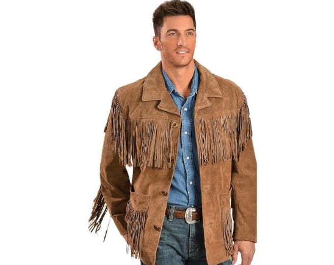 Western Brown Suede Leather Jacket Men | Buckskin Traditional Native American Fashion Cowboy Fringe Jacket Coat with Button & Tassels