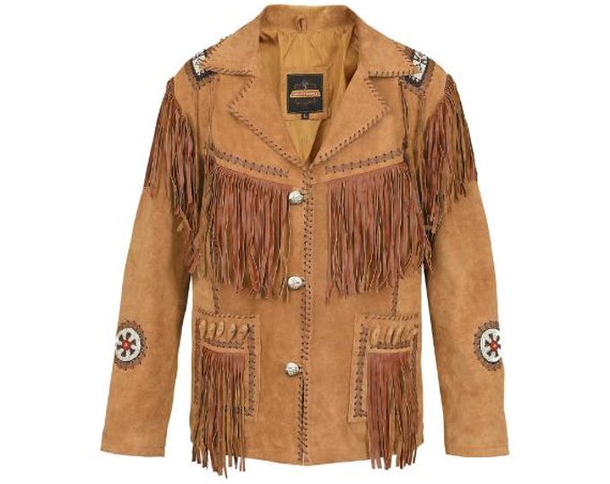 Brown Western Leather Suede Jacket Men | Traditional Vintage Buckskin Native American Cowboy Fringe Jacket Coat with Beads & Tassels