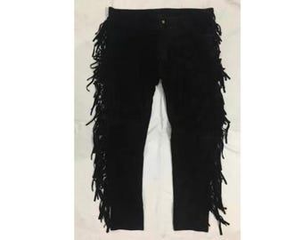 Authentic Men Black Western Leather Suede Pant Trouser | Native American Legside Cowboy Fringe Pant | Handmade Indian Buckskin Beaded Pant