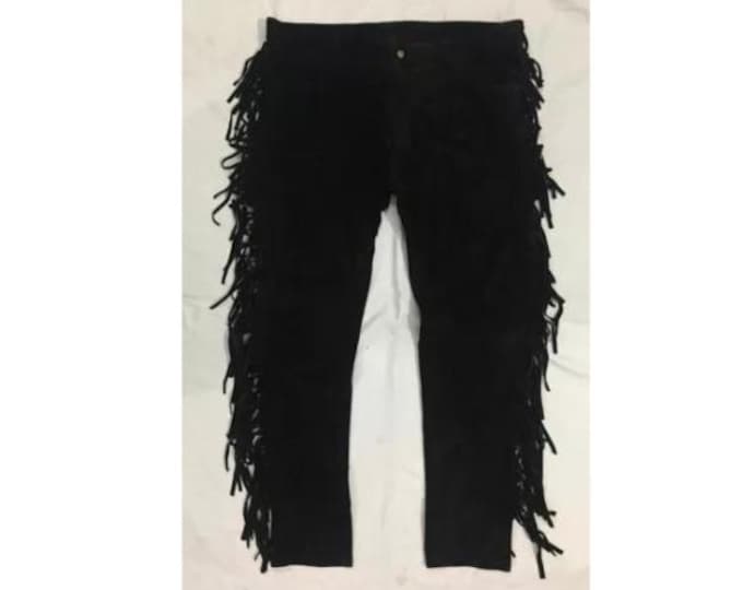 Authentic Men Black Western Leather Suede Pant Trouser | Native American Legside Cowboy Fringe Pant | Handmade Indian Buckskin Beaded Pant