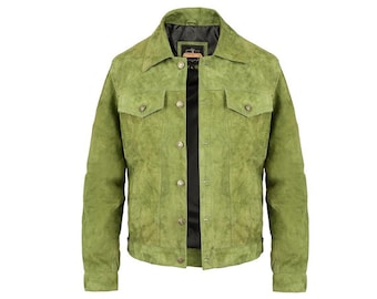 Vintage Trucker Leather Suede Jacket Men - Handmade Denim Biker Shirts, Café Racer Jacket Western Cowboy Jacket, Motorcycle Collar Shirts