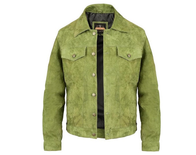Vintage Trucker Leather Suede Jacket Men - Handmade Denim Biker Shirts, Café Racer Jacket Western Cowboy Jacket, Motorcycle Collar Shirts