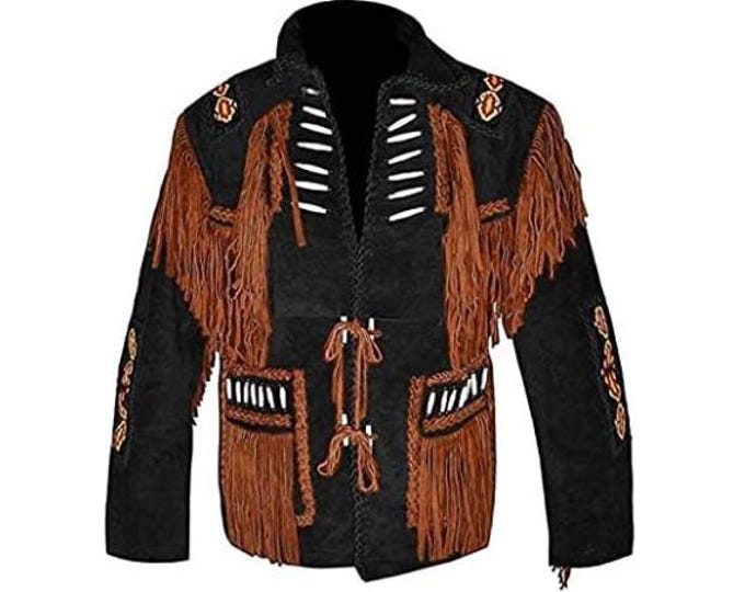 Black Western Suede Leather Jacket Men | Classic Buckskin Traditional Native American Cowboy Fringe jacket Jacket with Beaded & Tassels